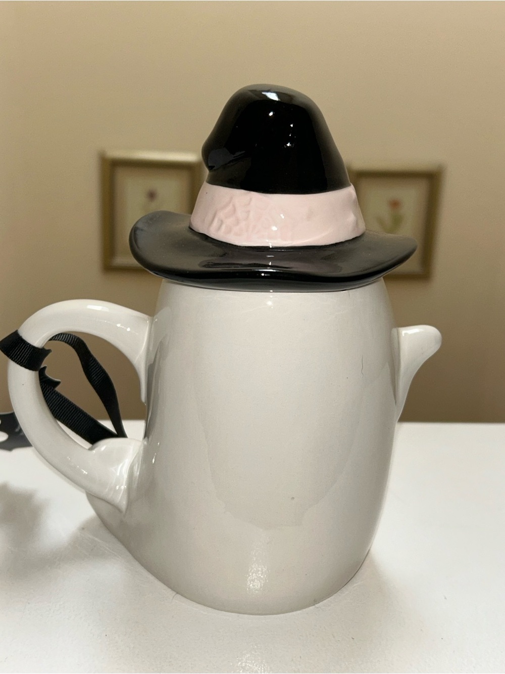 Rae Dunn Black and White Ghost with Removable Pink and Black Witch Hat Lid - Picture 2 of 5